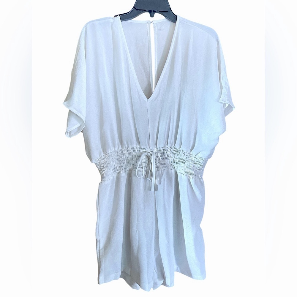 Surplice White V-Neck Romper Short Dolman Sleeves